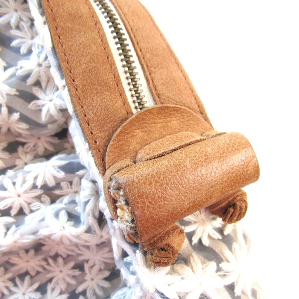 Anthropologie Cream Crochet Hobo Bag with Tan Leather Straps - Picture 3 of 7